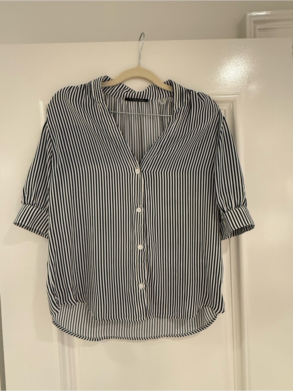 T Tahari Navy and White Striped Button-Down Shirt